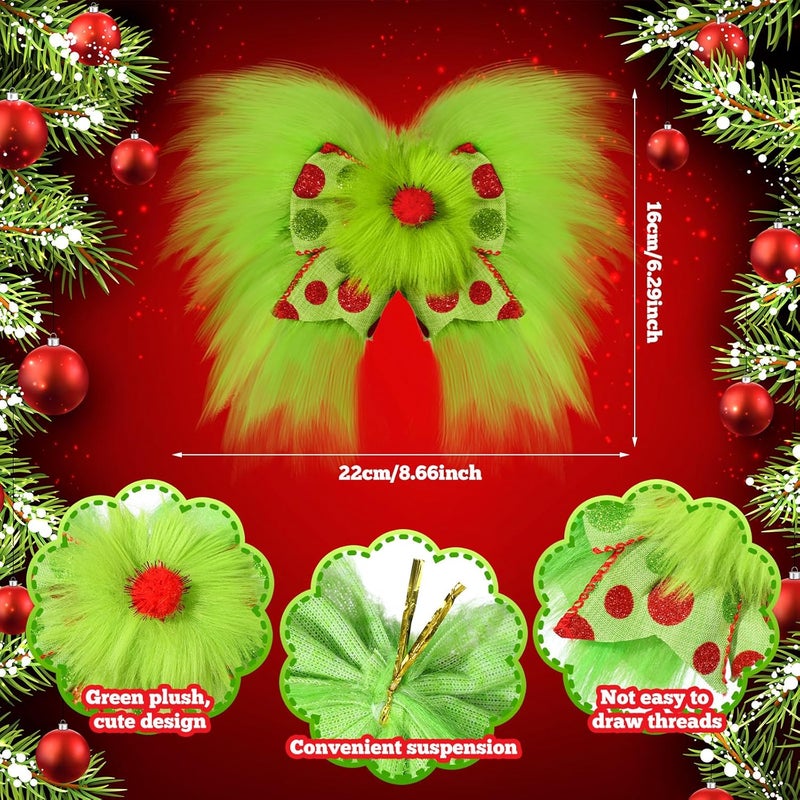 Knitgrip 12 Pcs Red Green Christmas Bows Christmas Tree Decoration Lime Green Wreaths Velvet Bow Tree Topper with Fluffy Ornaments for Xmas Party (Cute) - Image 3